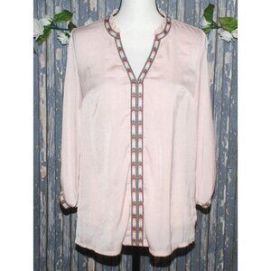 Democracy Pink Blouse Top Size S Embroidered Peek a Boo Long Sleeve Ruffle Colla